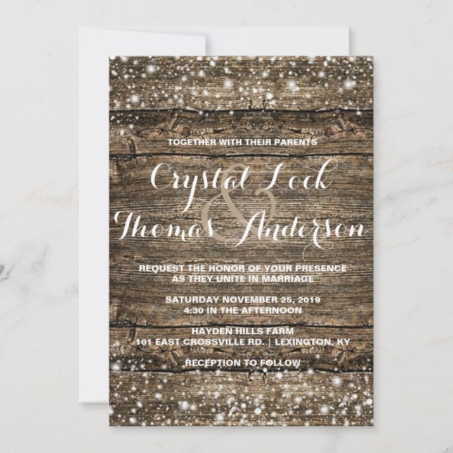 Rustic Barn Wood Snowflakes Winter Wedding Invitation (Front)