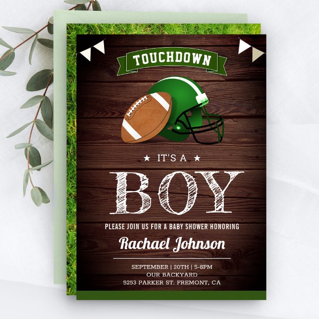 Rustic Barn Wood Sports Boy Football Baby Shower Invitation (Creator Uploaded)