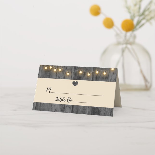 Rustic Barn Wood String Light Place Card (Front)