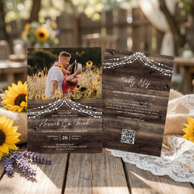 Rustic Barn Wood String Light QR Code RSVP Wedding Invitation (Creator Uploaded)