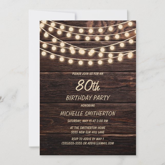 Rustic Barn Wood String Lights 80th Birthday Invit Invitation (Front)