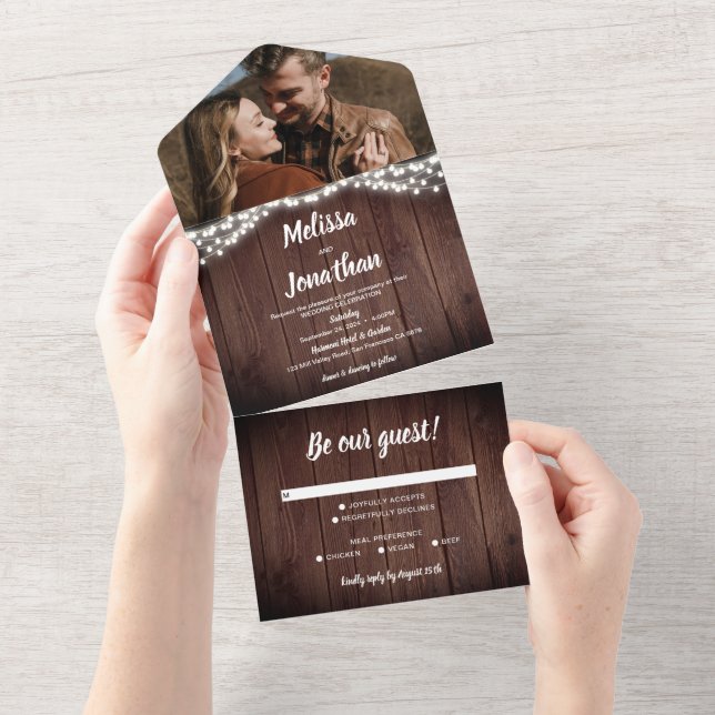 Rustic Barn Wood String Lights Beige Photo Wedding All In One Invitation (Tearaway)