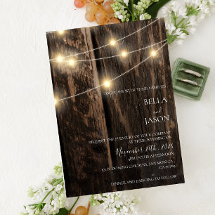 Rustic Barn Wood String Lights Country Wedding Invitation