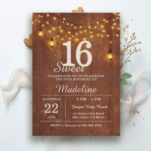 Rustic Barn Wood String Lights Lanterns Sweet 16 Invitation