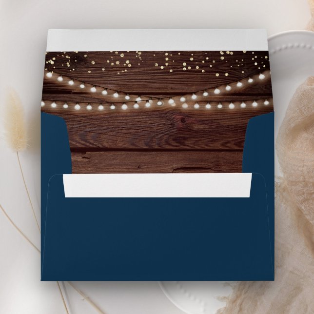 Rustic Barn Wood String Lights Navy Blue Wedding Envelope (Creator Uploaded)