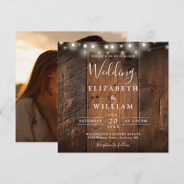 Rustic Barn Wood String Lights Photo Wedding Invitation (Front/Back)