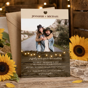Rustic Barn Wood String Lights Photo Wedding Invitation