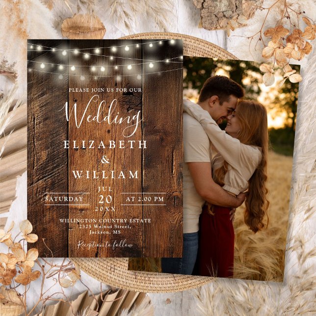 Rustic Barn Wood String Lights Photo Wedding Invitation (Rustic Barn Wood String Lights Photo Wedding Invitation)