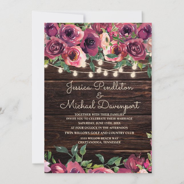 Rustic Barn Wood String Lights Purple Floral Invitation (Front)