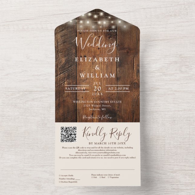 Rustic Barn Wood String Lights QR Code Wedding All In One Invitation (Inside)