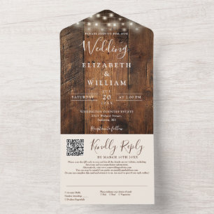 Rustic Barn Wood String Lights QR Code Wedding All In One Invitation