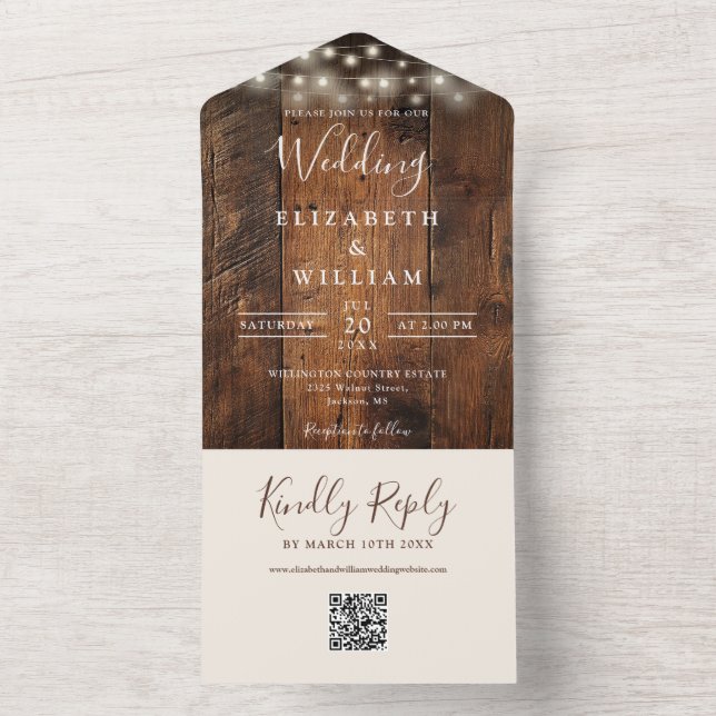 Rustic Barn Wood String Lights QR Code Wedding All In One Invitation (Inside)