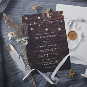 Rustic Barn Wood String Lights QR Code Wedding Invitation