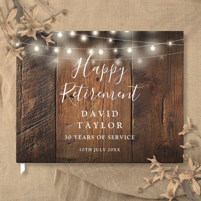 Rustic Barn Wood String Lights Retirement Party Guest Book (Rustic Barn Wood String Lights Retirement Party Guest Book)