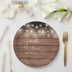 Rustic Barn Wood String Lights Script Wedding Paper Plate