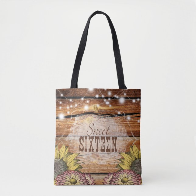 Rustic Barn Wood String Lights Sunflowers Tote Bag (Front)