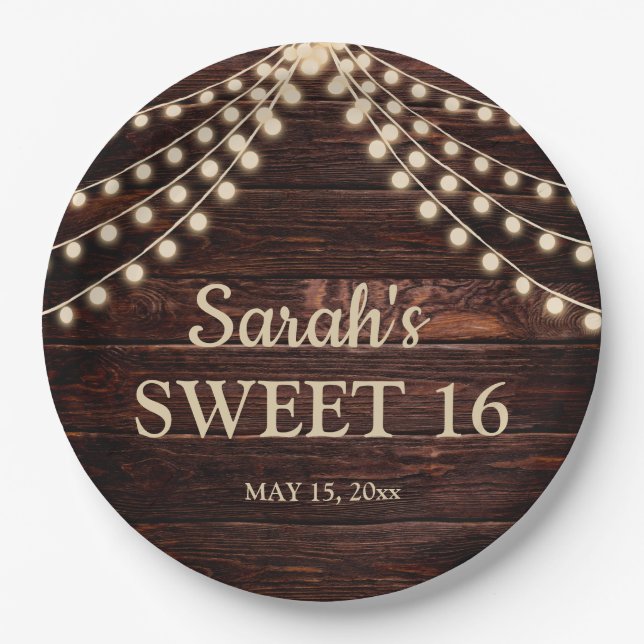 Rustic Barn Wood String Lights Sweet 16 Name Date  Paper Plate (Front)