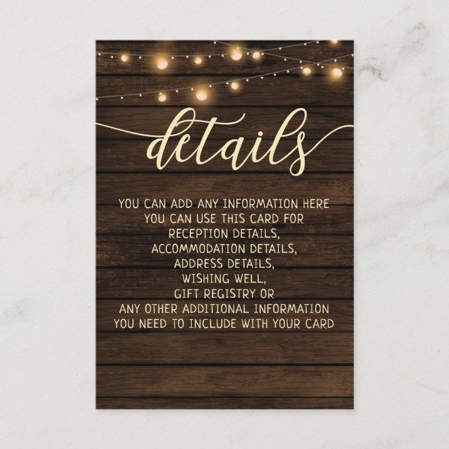 Rustic Barn Wood String lights wedding details Enclosure Card (Front)