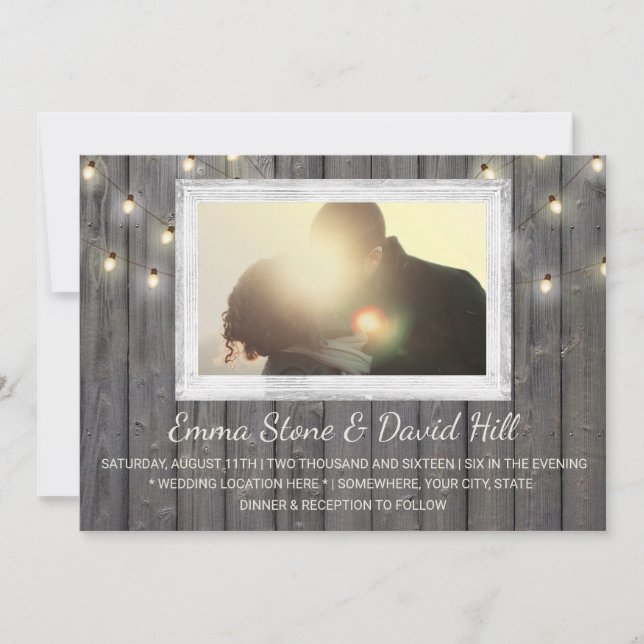 Rustic Barn Wood String Lights Wedding Photo Invitation (Front)
