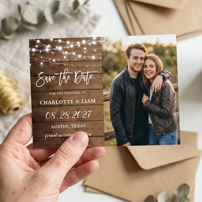 Rustic Barn Wood String Lights Wedding Photo Save The Date (Creator Uploaded)