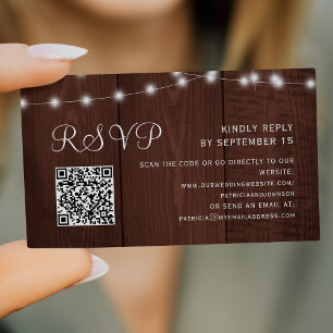 Rustic barn wood string lights wedding QR RSVP Enclosure Card