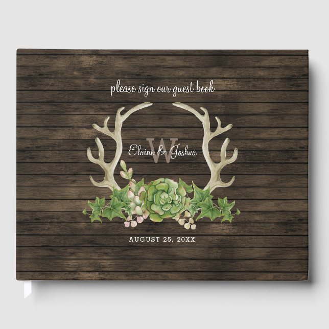 Rustic Barn Wood Succulent Antlers Country Wedding Guest Book (Front)
