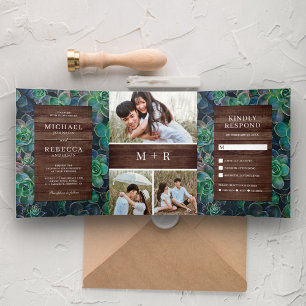 Rustic Barn Wood Succulents Photo Collage Wedding Tri-Fold Invitation
