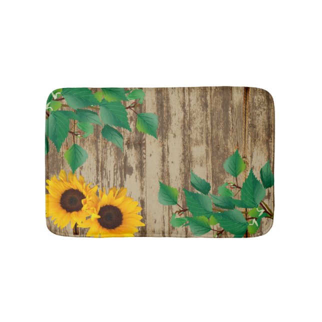 Rustic Barn Wood Sunflower Bath Mat (Front)