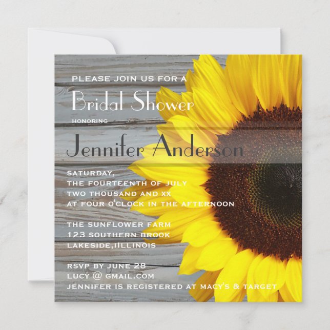 Rustic Barn Wood Sunflower Country Bridal Shower Invitation (Front)