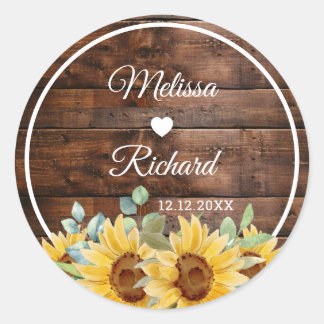 Rustic Barn Wood Sunflower Country Wedding Favor Classic Round Sticker