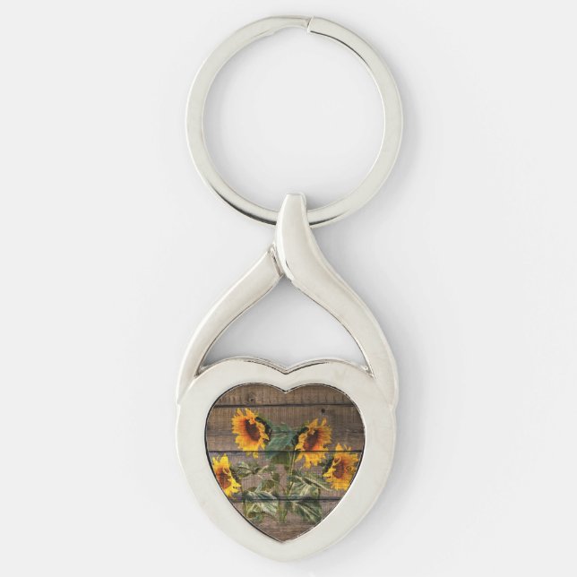 Rustic Barn Wood Sunflower Key Ring (Front)