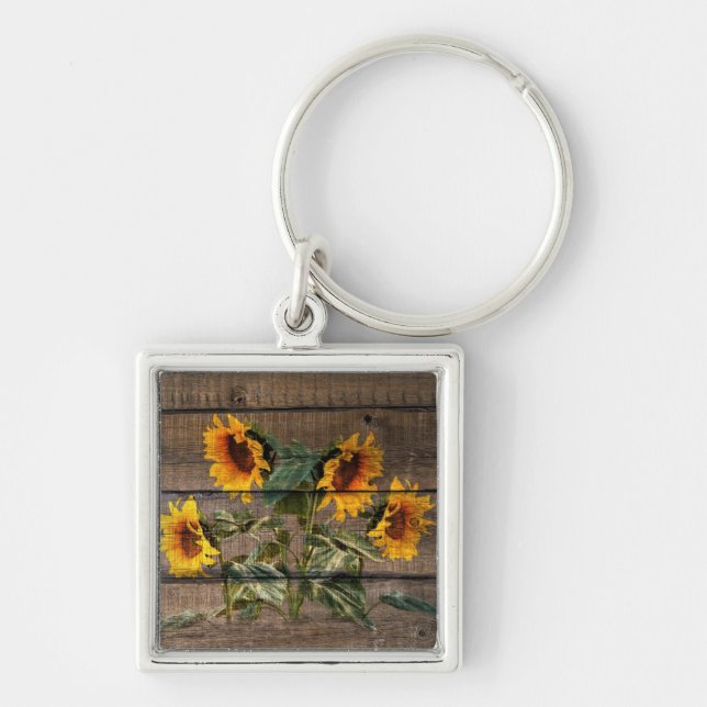Rustic Barn Wood Sunflower Key Ring (Front)