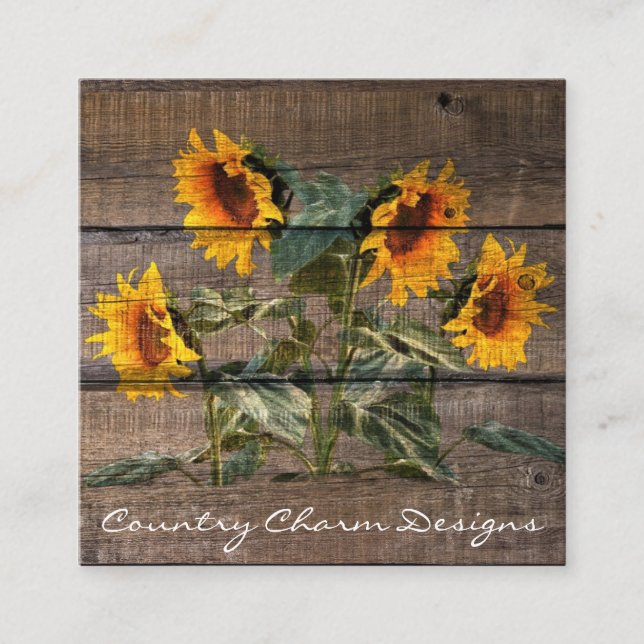 Rustic Barn Wood Sunflower Square Business Card (Front)