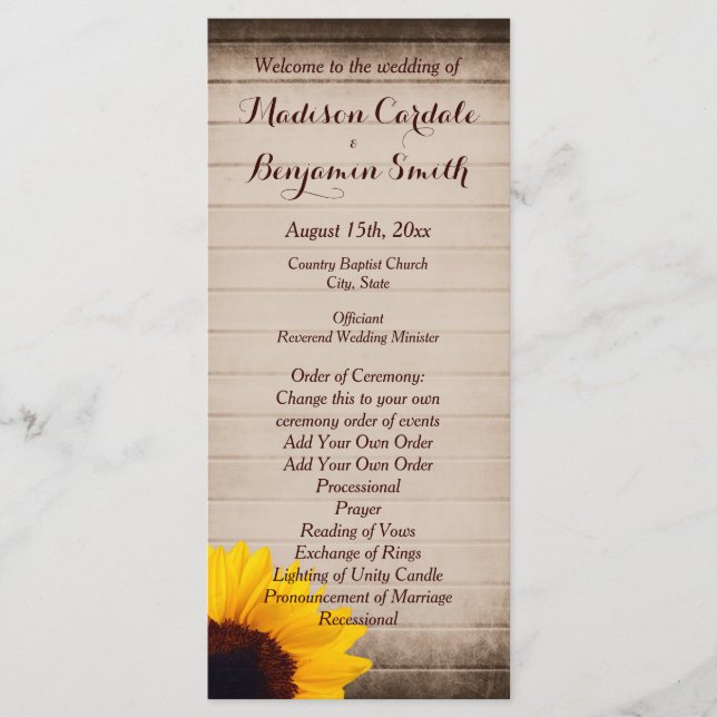 Rustic Barn Wood Sunflower Wedding Programs Programme (Front)