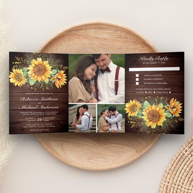 Rustic Barn Wood Sunflowers Photo Collage Wedding Tri-Fold Invitation (Creator Uploaded)
