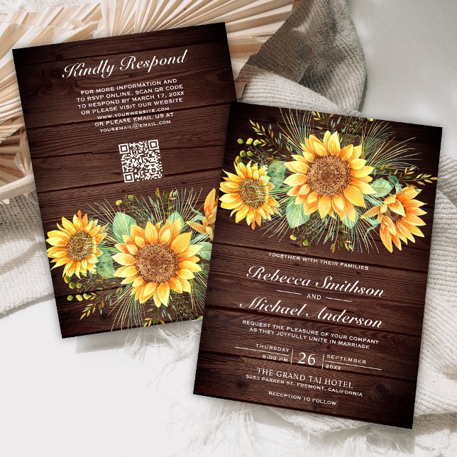 Rustic Barn Wood Sunflowers QR Code Wedding Invitation (Creator Uploaded)