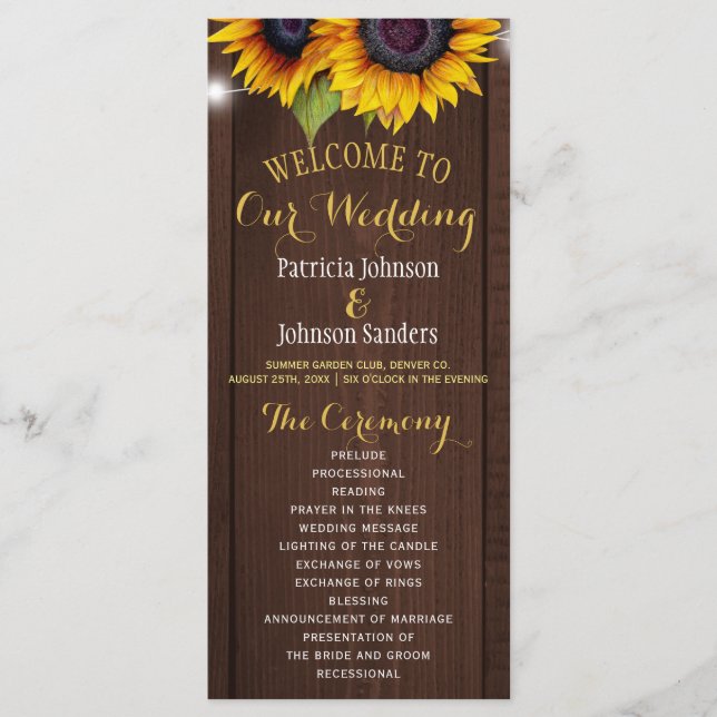 Rustic barn wood sunflowers wedding program programme (Front)