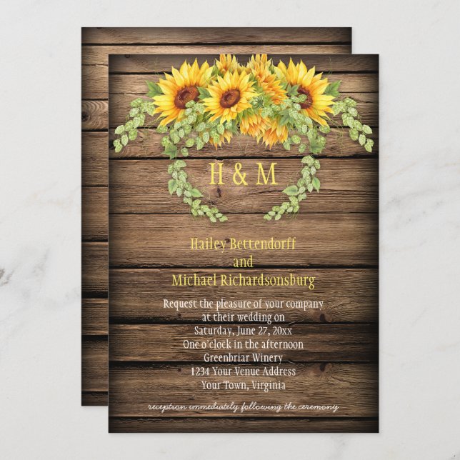 Rustic Barn Wood Sunflowers Wreath Antlers Wedding Invitation (Front/Back)