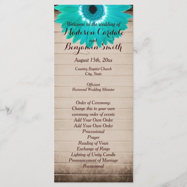 Rustic Barn Wood Teal Daisy Wedding Programs Programme (Front)