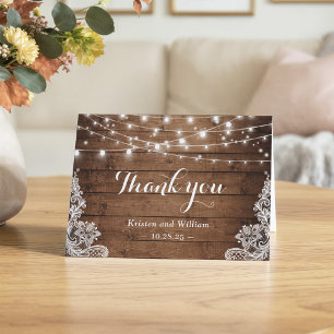 Rustic Barn Wood Twinkle Lights Lace Thank You Card