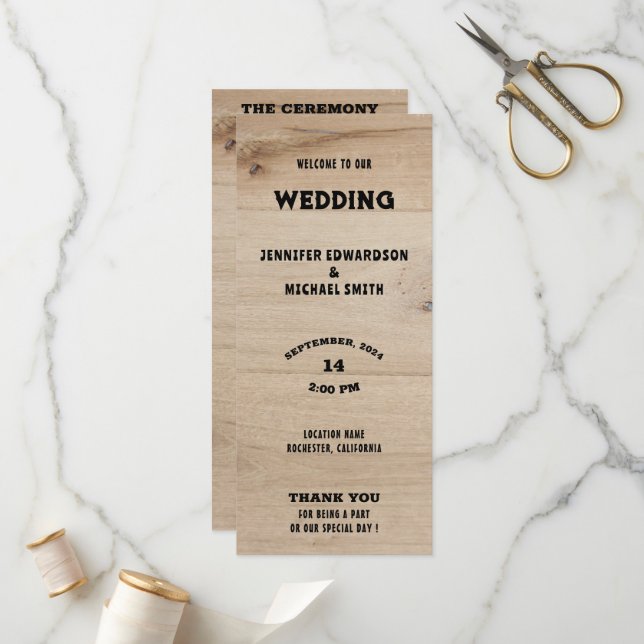 Rustic barn wood typography rural country wedding programme (Front/Back In Situ)