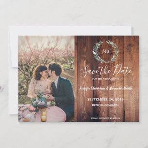 Rustic barn wood watercolor leaves monogram photo save the date