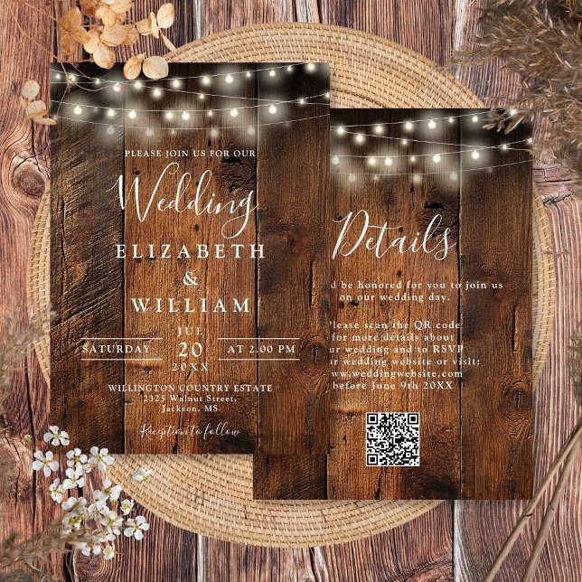 Rustic Barn Wood Wedding String Lights QR Code Invitation (Rustic Barn Wood Wedding String Lights QR Code Invitation)