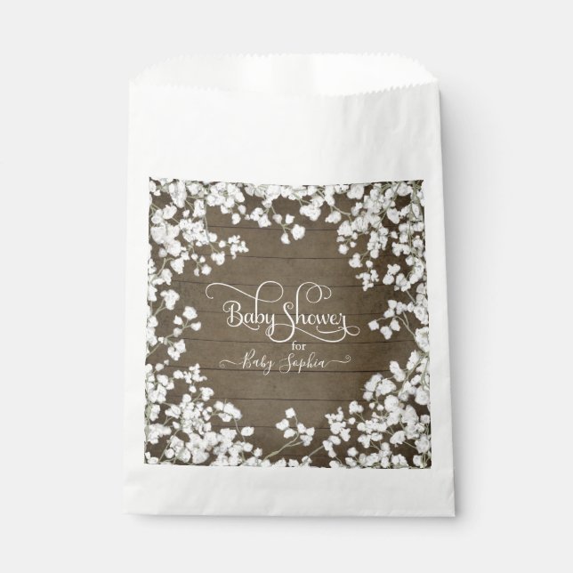 Rustic Barn Wood White Boho Floral Baby Shower Favour Bags (Front)