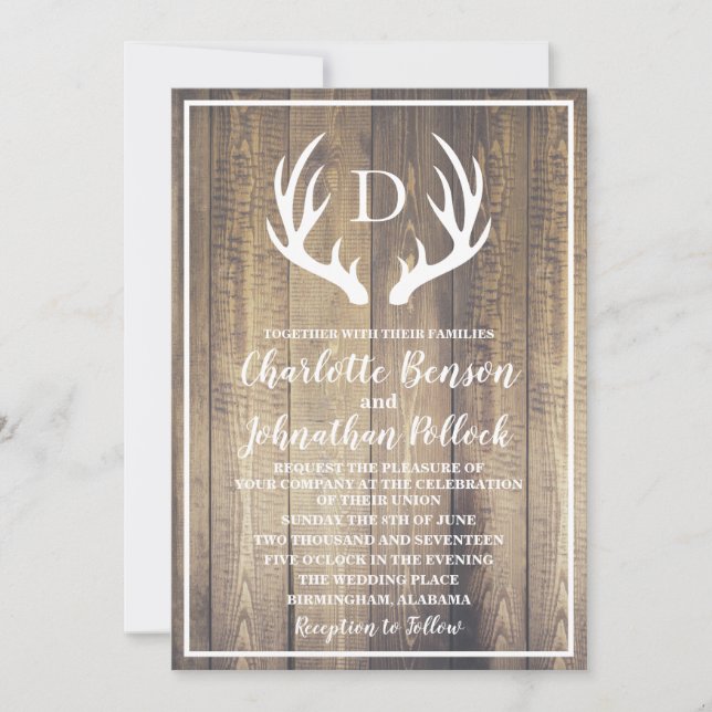 Rustic Barn Wood & White Deer Antlers Wedding Invitation (Front)