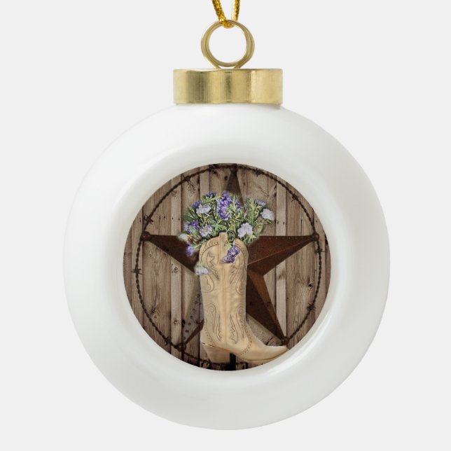 rustic barn wood wildflower cowboy western star ceramic ball christmas ornament (Front)