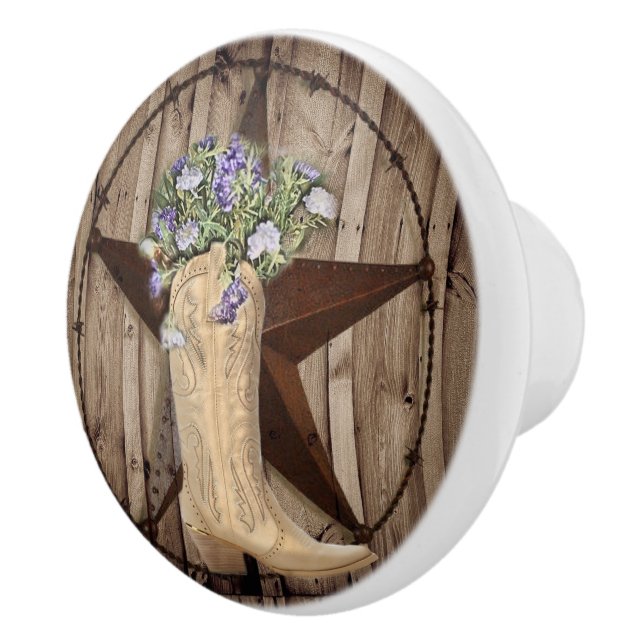 rustic barn wood wildflower cowboy western star ceramic knob (Right)