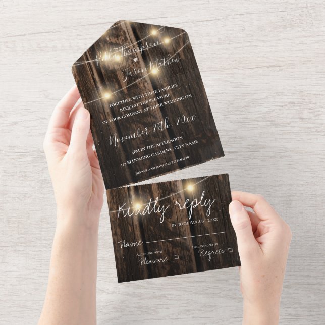Rustic Barn Wood With String Lights Wedding  All In One Invitation (Tearaway)