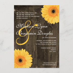 Rustic Barn Wood Yellow Daisy Wedding Invitations