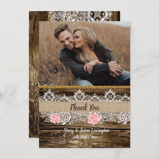 Rustic Barnwood & Lace Wedding  Thank You Card (Front/Back)